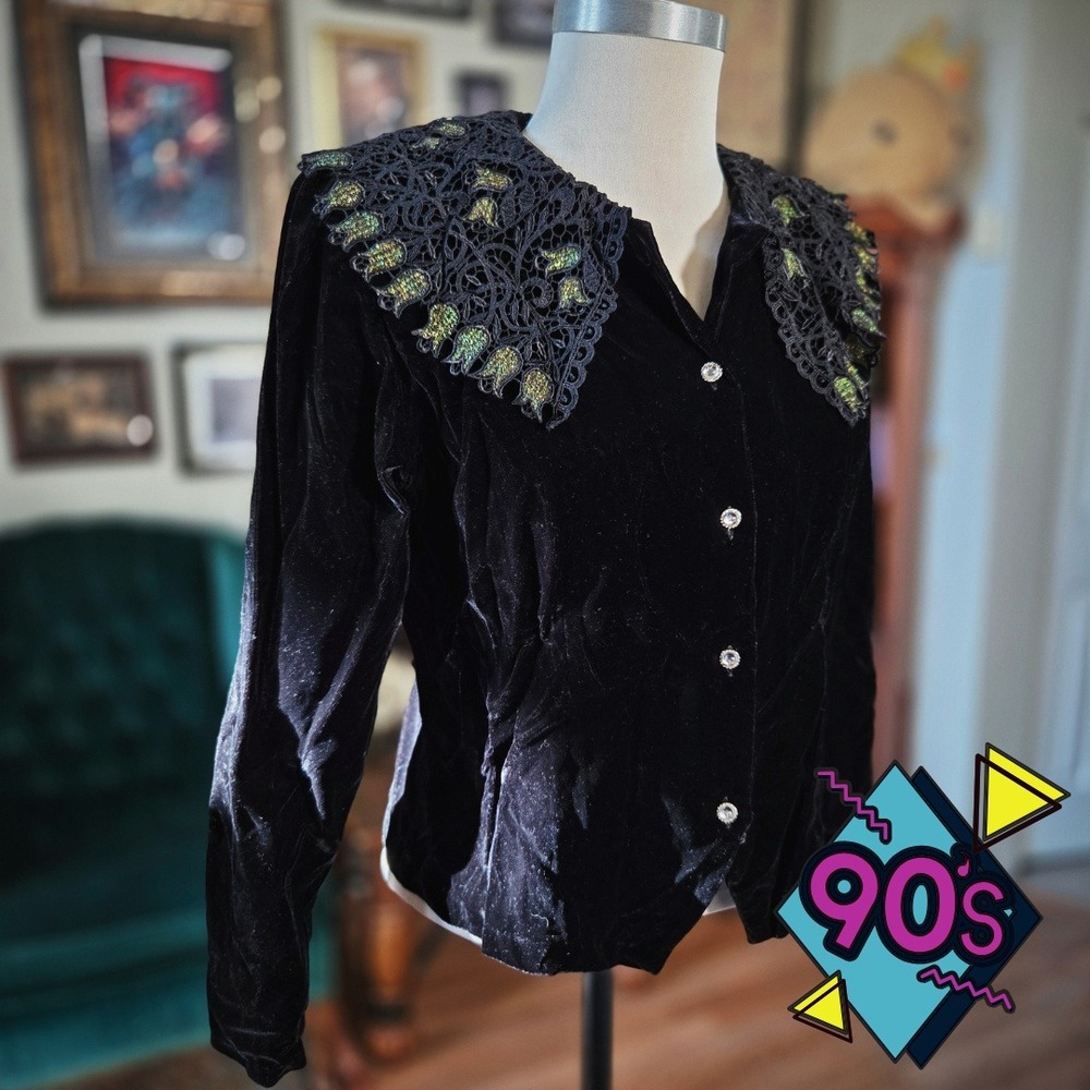 Chilong Black Velvet Jacket Lace Collar Blouse Vintage‎ 90s Party Top M
